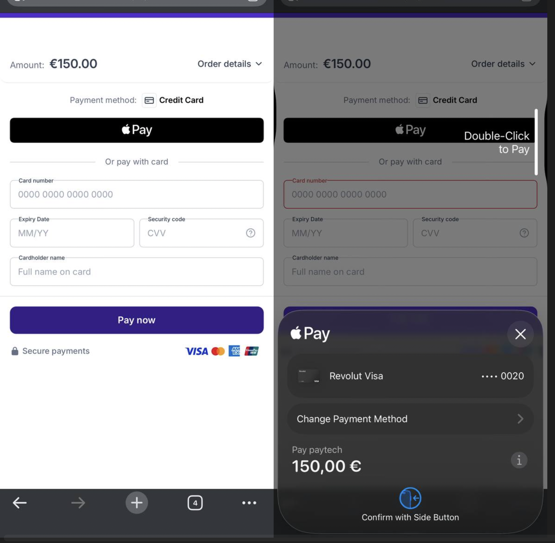 Apple Pay button and confirmation screen